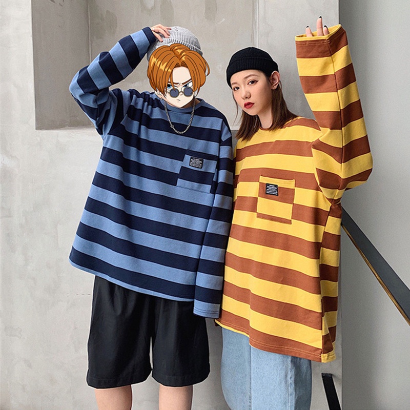 Áo Thun Tay Dài Họa Tiết Kẻ Sọc Phong Cách Hàn Quốc Thời Trang Cho Nữ Size M-2XL