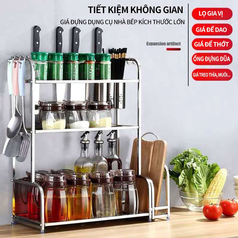 Kệ xếp đồ dùng nhà bếp nhiều tầng bằng inox dày dặn; Giá đựng đồ gia vị, thớt, dao kéo