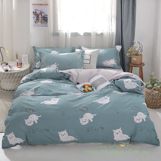 [Hàng Nhập Khẩu] Bộ Vỏ Chăn Ga Gối COTTON POLY Cao Cấp Đủ Size - Mẫu MÈO VÀ CÁ XANH Nha_TâmAn