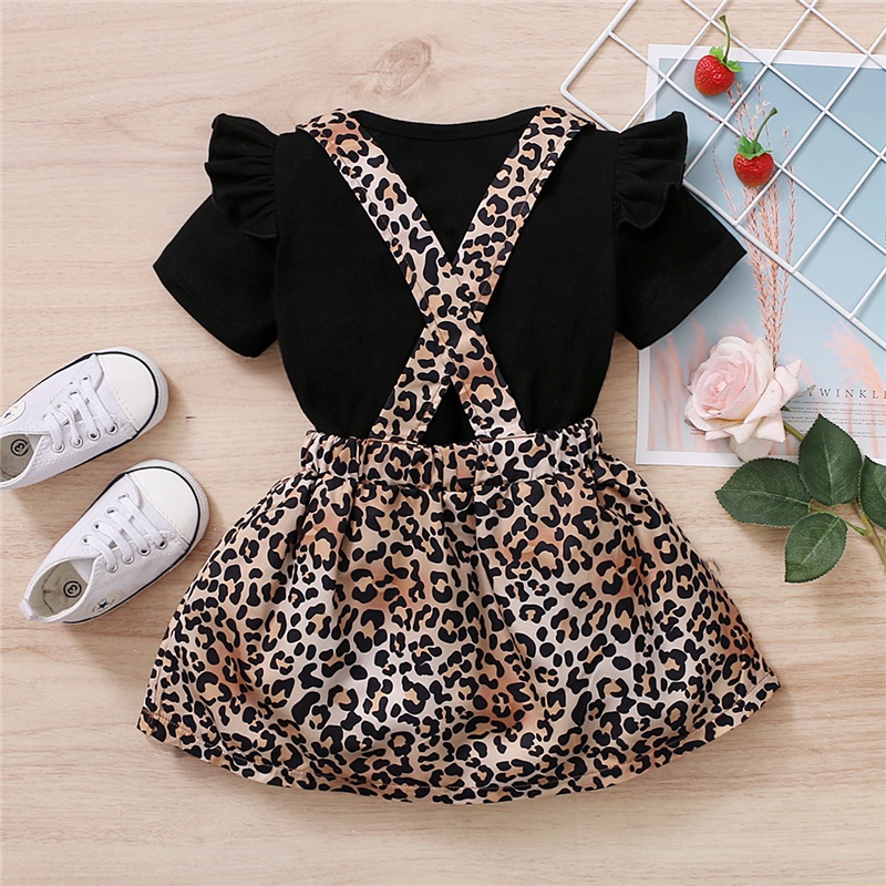 Set Quần Áo Mikrdoo Gồm Áo Thun Ngắn Tay In Chữ + Chân Váy Yếm Họa Tiết Da Báo Dễ Thương Cho Bé Gái