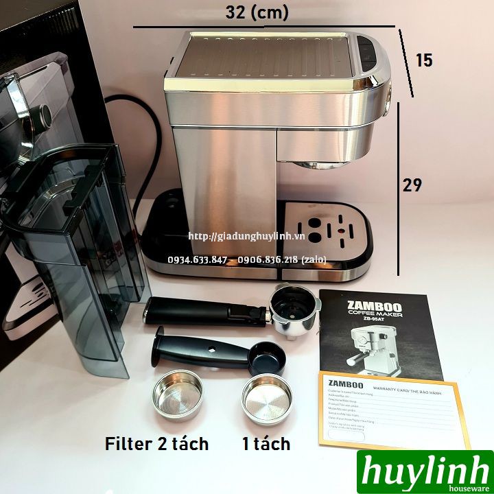 [Mã ELHAMS5 giảm 6% đơn 300K] Máy pha cà phê Espresso Zamboo ZB-95AT + Tặng Máy Xay ZB-100GR + 500gr cafe hạt