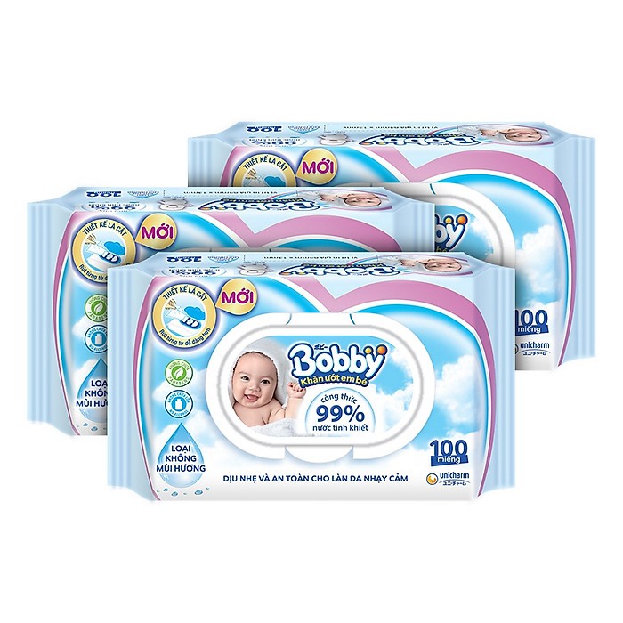 Khăn ướt Bobby 100 tờ không mùi và mùi hương nhẹ mới