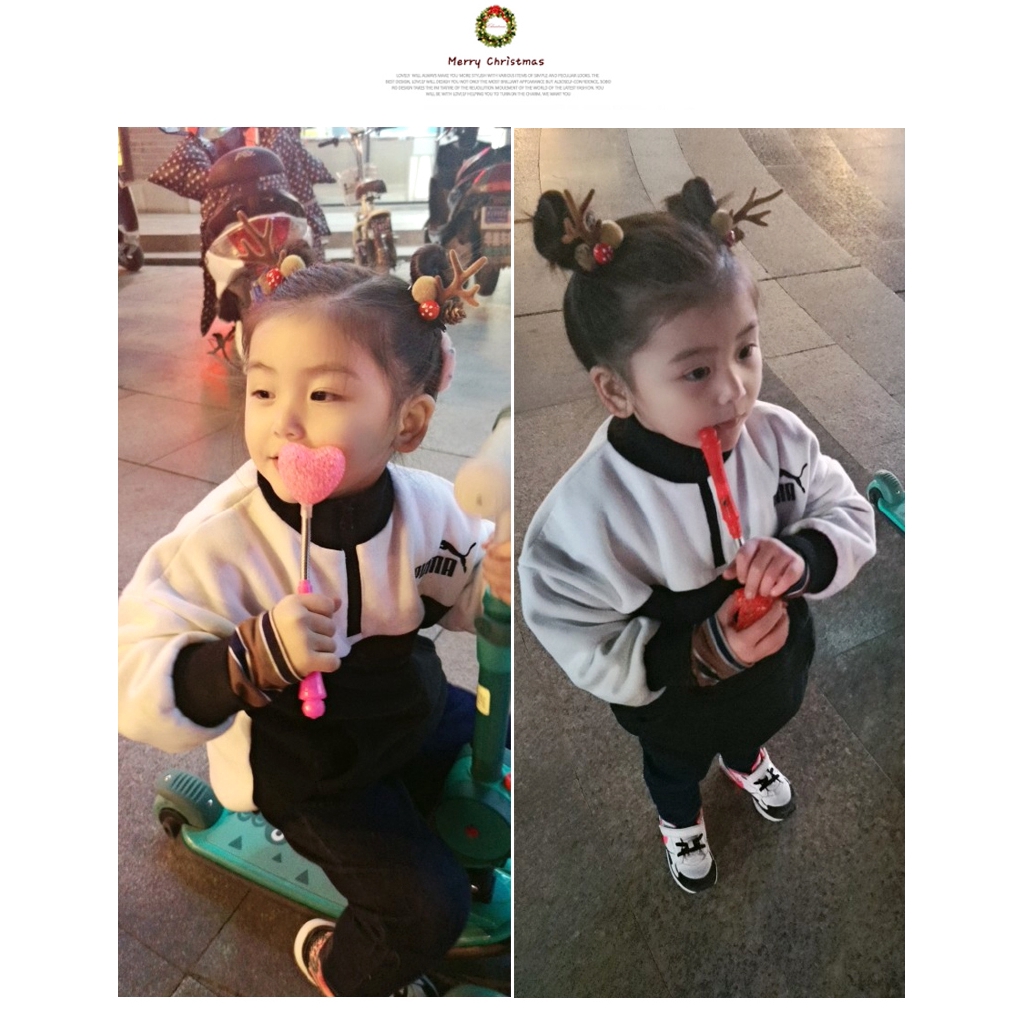 Kẹp tóc đính quả bóng lông và họa tiết sừng tuần lộc đáng yêu cho nữ dịp Giáng Sinh