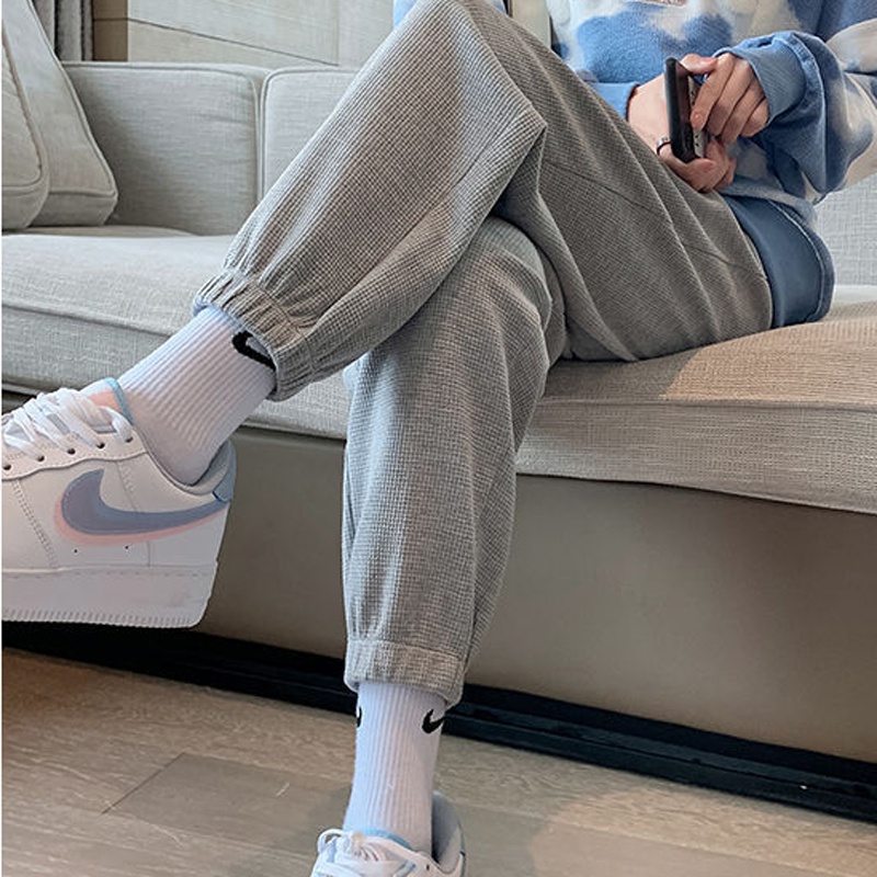 Ielgy Quần Mồ Hôi Vải Lông Cừu Dày Màu Xám waffle Cho Nữ