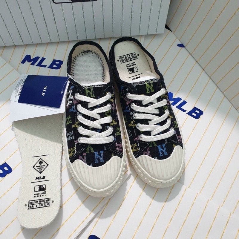 Giày thể thao Sục nữ MLB Ny Đen họa tiết Hot trend, Giày sneaker Sục MLB ny Lười đạp gót dùng đi học,tập gym,chạy bộ