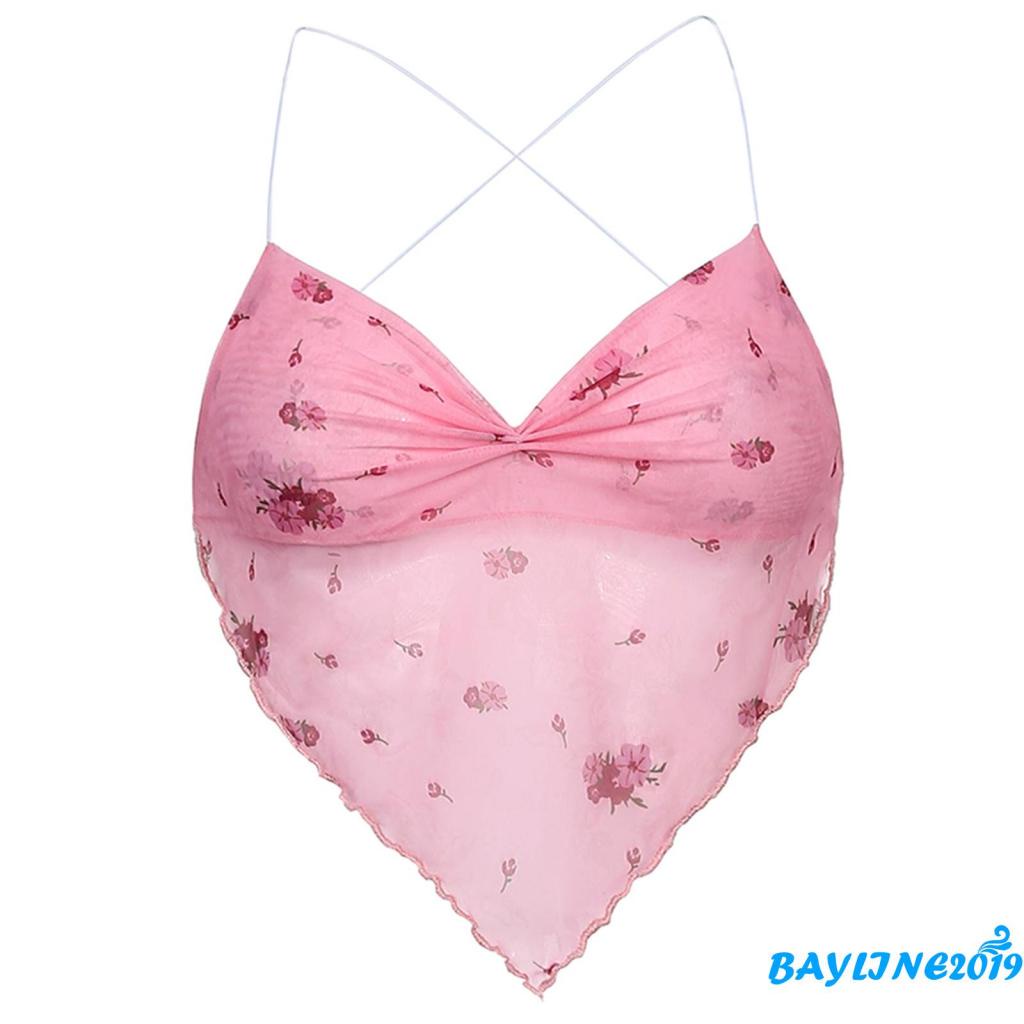 Áo croptop kiểu yếm hai dây phối lưới in hoa thiết kế dây đan chéo sau lưng quyến rũ cho nữ