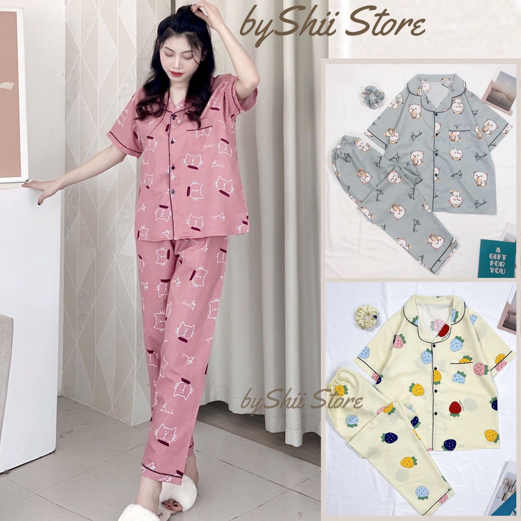 Bộ Ngủ Pyjama byShii Chất Kate Hàng Đẹp May Viền Mặc Nhà Cộc tay Quần dài Thoáng Mát Thấm Hút Mồ Hôi Họa Tiết Dễ Thương