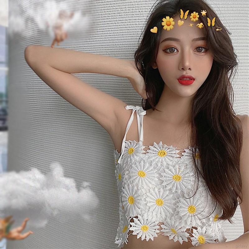 Áo dây ngắn phối ren hoa cúc thời trang Hàn Quốc gợi cảm cho nữ