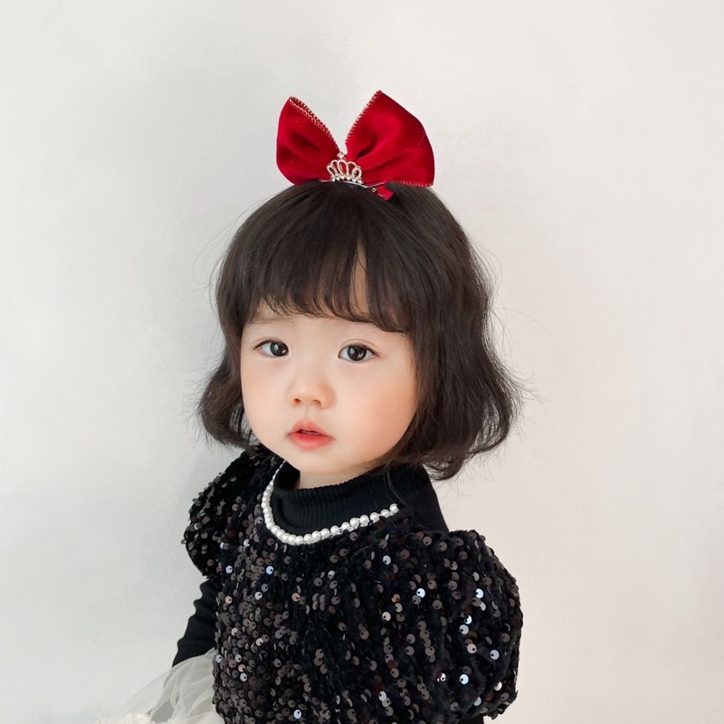 Nơ nhung đỏ đính vương miện kẹp đỉnh đầu cho bé