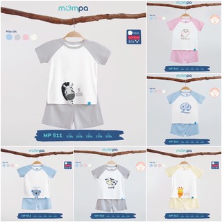 Bộ cộc tay cài vai raglan cotton hoạ tiết trẻ em Mompa