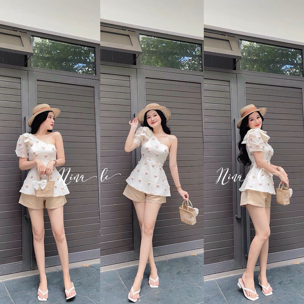 Set áo peplum lệch vai in họa tiết và quần ngắn xinh xắn Rose Fashion