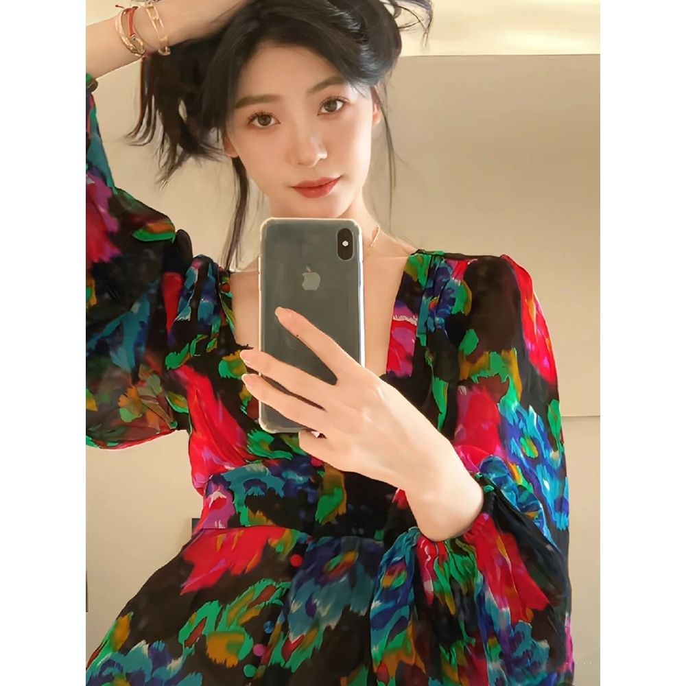 Bán Chạy!F &amp; X Đầm Dài Tay Dài Đến Mắt Cá Chân In Hoa Phong Cách Pháp Cao Cấp Thời Trang Mùa Hè