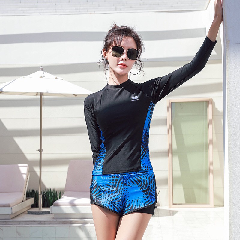 Bộ đồ bơi nữ tay dài 2 mảnh kín đáo đi biển dáng thể thao thun lạnh co giãn
