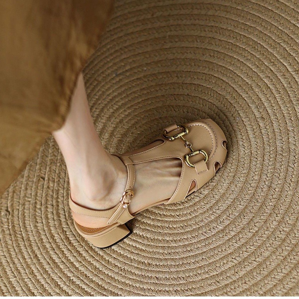 Giày cao gót da hở ngón phối khóa kim loại thời trang mùa hè phong cách Pháp 2022 cho nữ