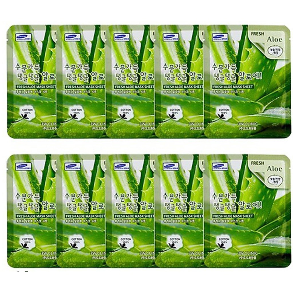 Combo 10 Mặt nạ dưỡng da cấp nước chiết xuất từ lô hội 3W CLINIC FRESH ALOE MASK SHEET 23g x 10
