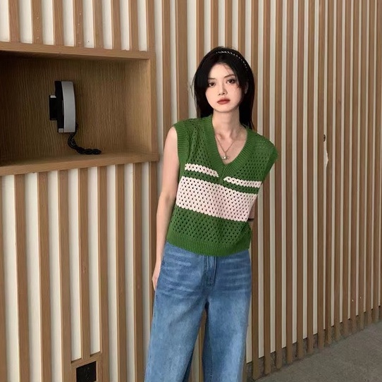 [Hana And Alice] Áo Thun Dệt Kim Sát Nách Dáng Rộng Kẻ Sọc Kiểu Mỹ Cá Tính