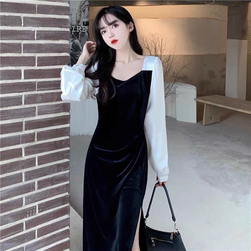Váy nữ đẹp body nhung dáng dài phối tay voan trắng xẻ tà trẻ trung thanh lịch kiểu dáng Hàn Quốc NITEHY 19