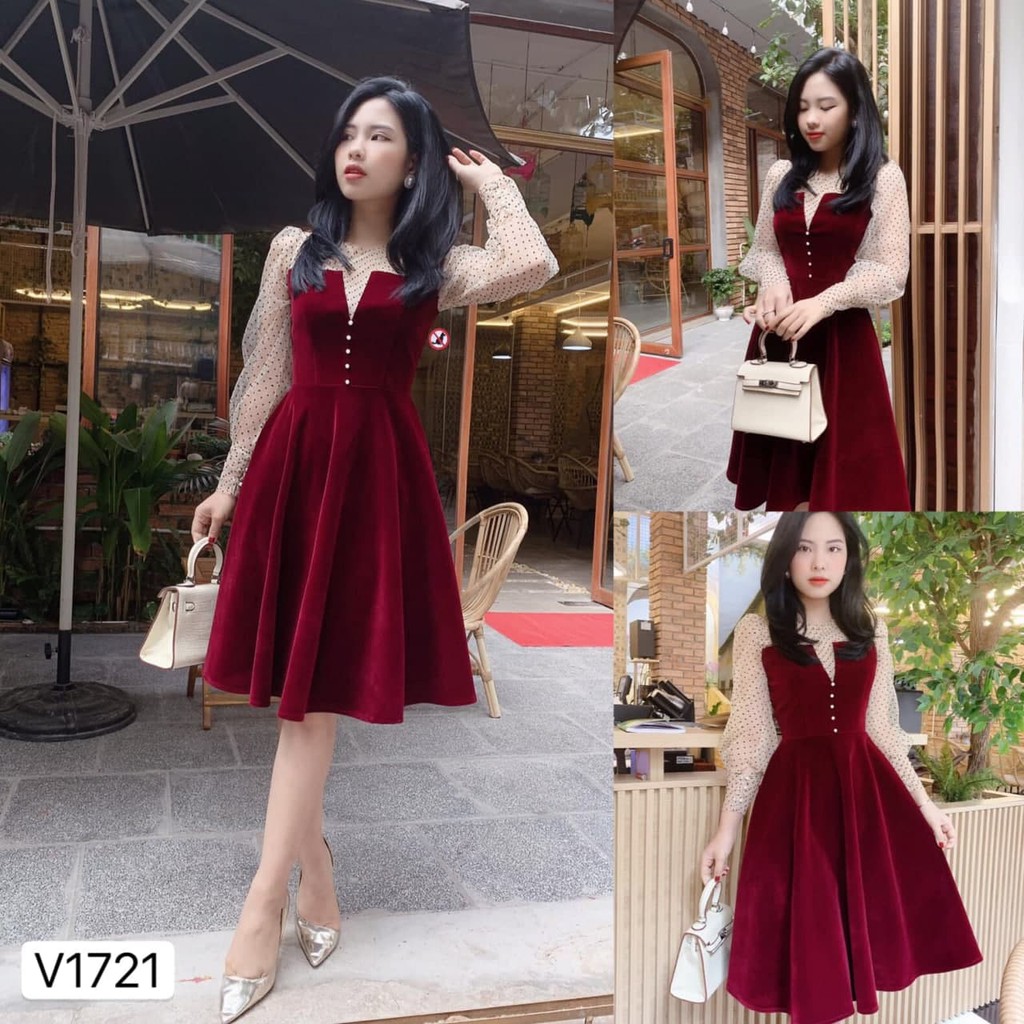 Đầm chất nhung dáng xòe V1721_Hela Shop [Kèm ảnh thật]