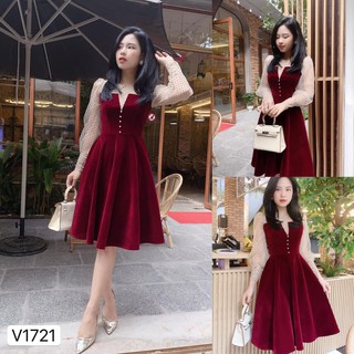 Đầm nhung dáng xòe tay chấm bi V1721_Đậu Studio