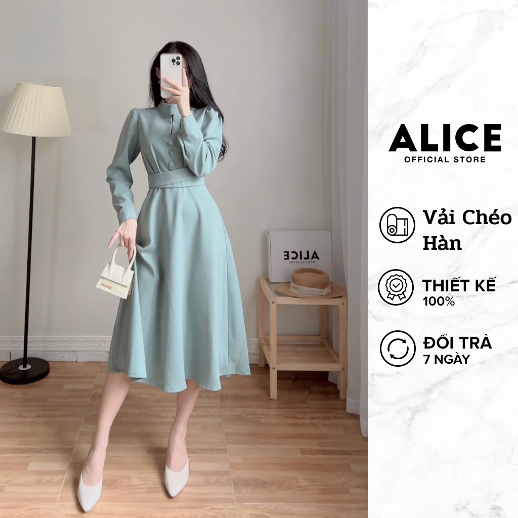 Váy Công Sở Thiết Kế Dài Tay Cổ Tròn ALICE  Dáng Xòe Chiết Eo Tôn Dáng, Màu Sắc Xanh Ngọc Sang Trọng V743