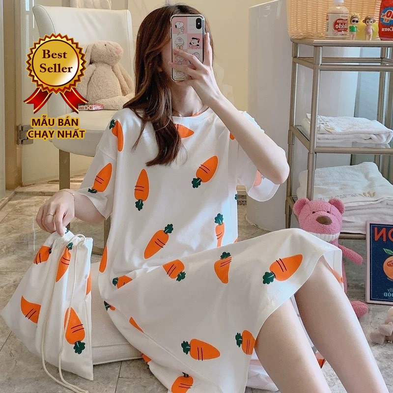 Váy ngủ cộc tay đầm ngủ nữ dễ thương dáng suông bigsize chất cotton mềm mát họa tiết hoạt hình VN01