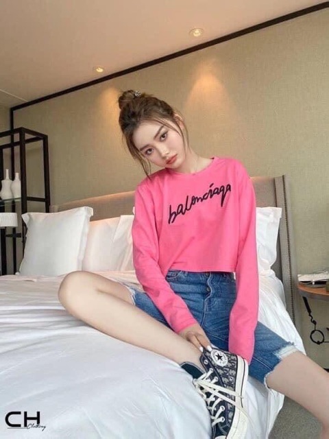 Áo croptop BALEN hồng dài tay chất cotton đẹp