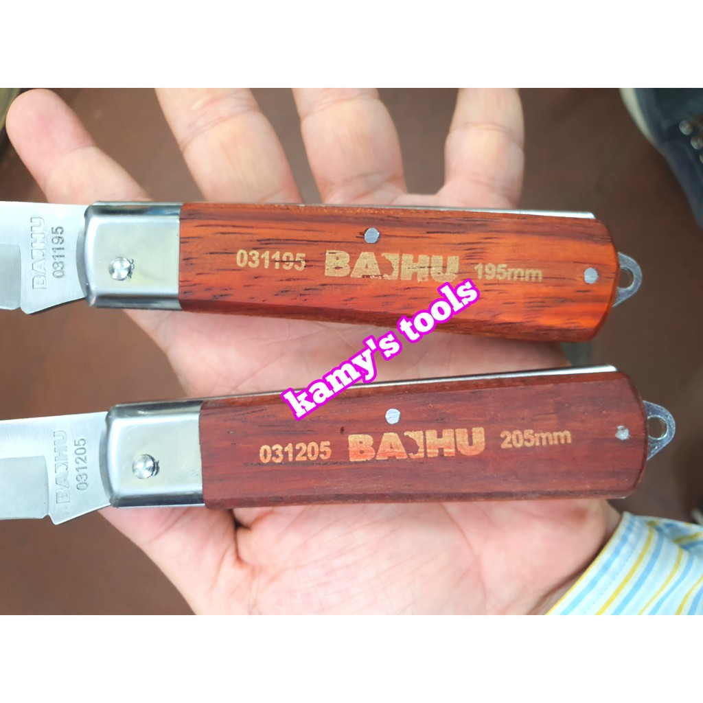 Dao xếp gấp gọn tuốt rọc dây cáp điện cán gỗ Baihu 031195 và 031205