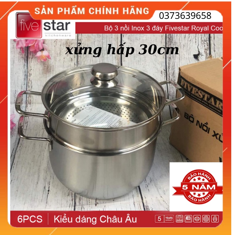 Bộ Nồi Xửng Hấp Inox 3 Đáy Fivestar- 30cm -16itl-Dùng Bếp Từ -Nắp Kính.-Nắp Inox - Bảo Hành 5 Năm Chính Hãng