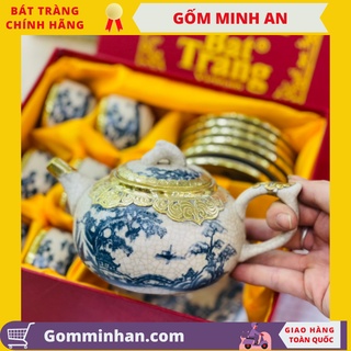 Bộ ấm chén Bát Tràng, men rạn giả cổ quai C bọc đồng gốm Minh AN Bát Tràng