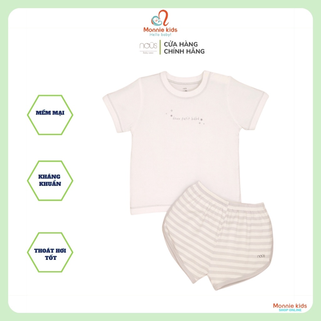 Bộ quần áo cài vai cộc cho bé Nous Petit kẻ ghi trắng hình sao 3M 6M 9M 2M - Monnie Kids