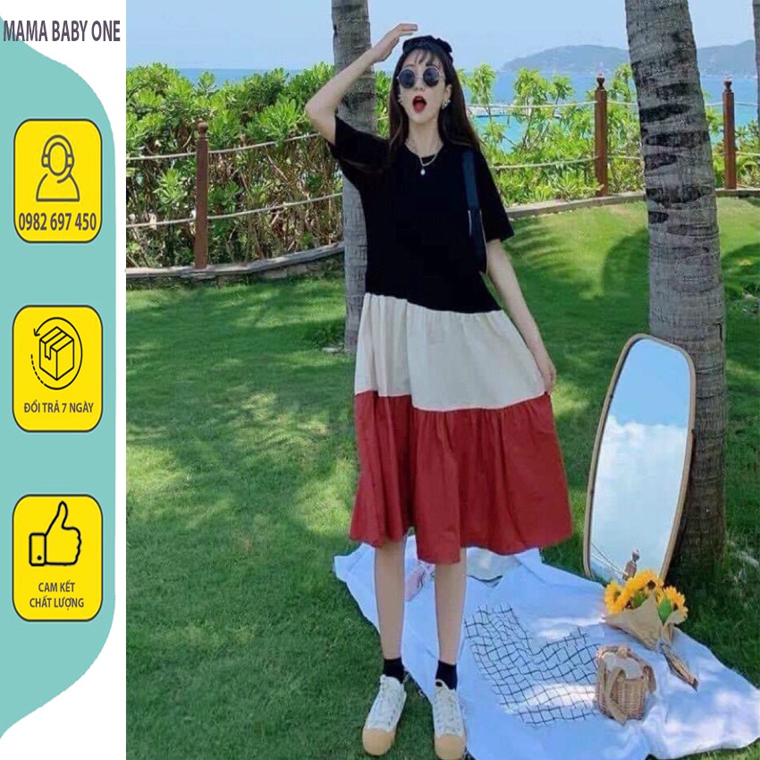 VVÁY BẦU ĐẸP -ĐẦM BẦU V42 THIẾT KẾ DÁNG XUÔNG XÒE PHỐI 3 MÀU, VẢI COTTON THẤM MỒ HÔI, MÙA HÈ THOẢI MÁI.  SIZE 45-75KG.