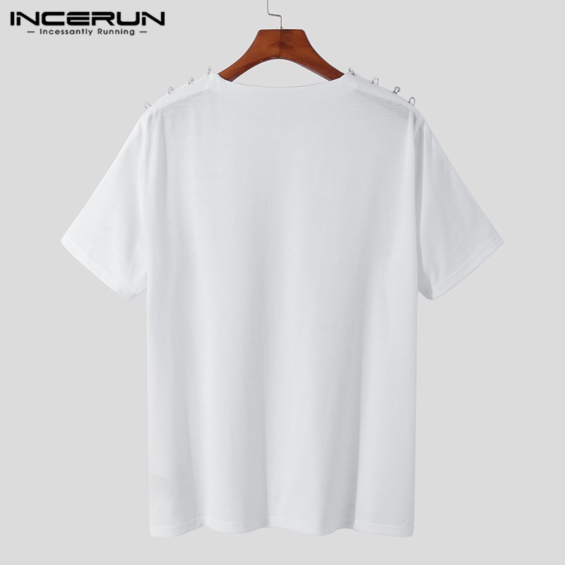 INCERUN Áo Thun Tay Ngắn Màu Trắng Thiết Kế Xẻ Tà Thời Trang Cho Nam