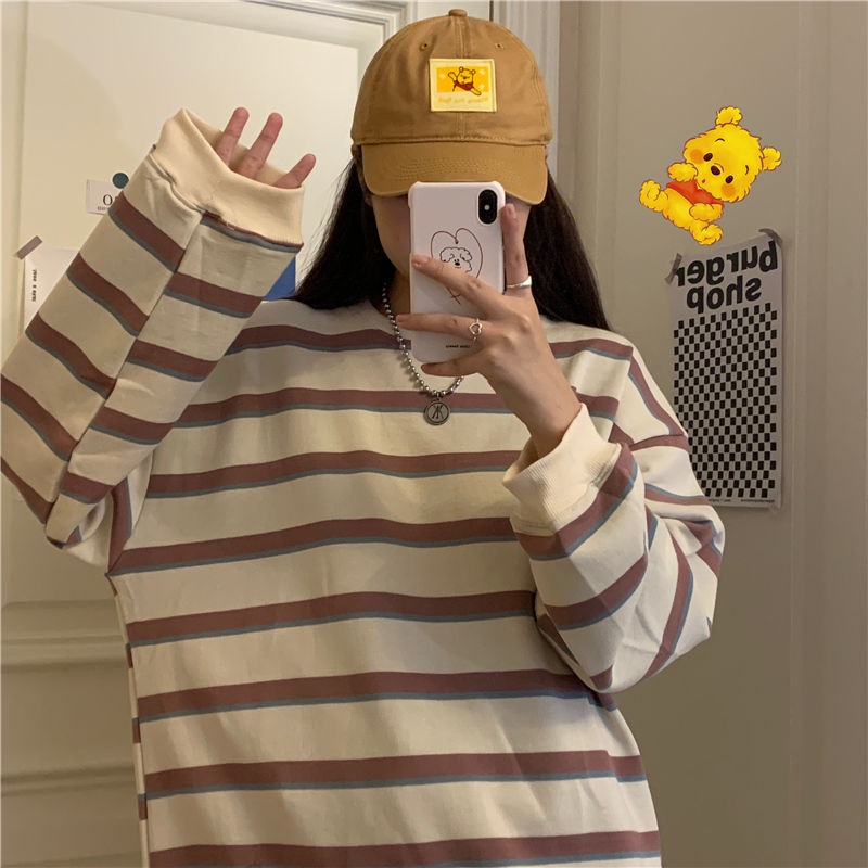 Áo Sweater Mỏng Cổ Tròn Dáng Rộng In Kẻ Sọc Kiểu Hàn Quốc Thời Trang 2022 Cho Nữ