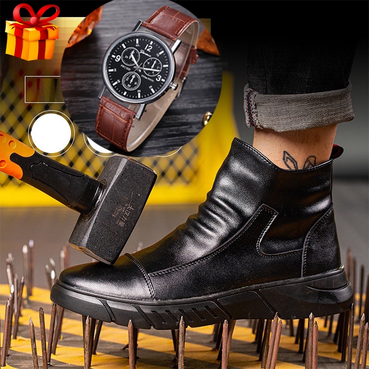 Giày Boots Nam Cao Cổ Chất Liệu Da Đen Mềm Đế Cao 5cm Bảo Hộ Lao Động, Đi Phượt