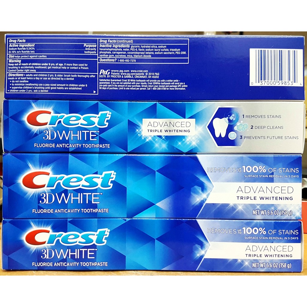 Kem đánh răng Crest 3D White Advanced Triple Whitening tuýp 158g từ Mỹ