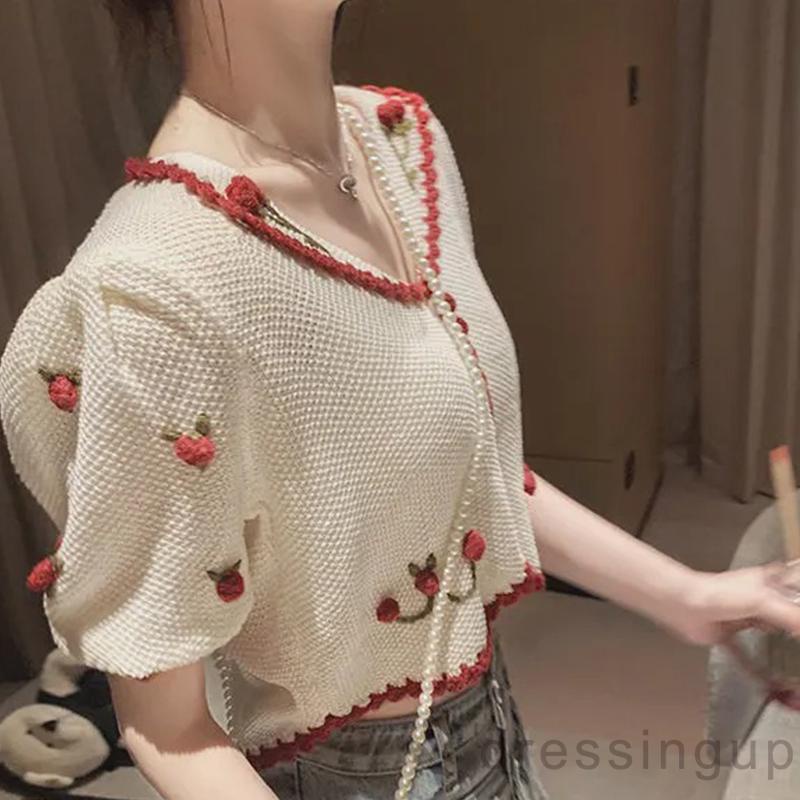 DRE-Ladies V-neck Short Tops, Summer Three-dimensional Flower Pattern Puff Short Sleeve Single-breasted Tops