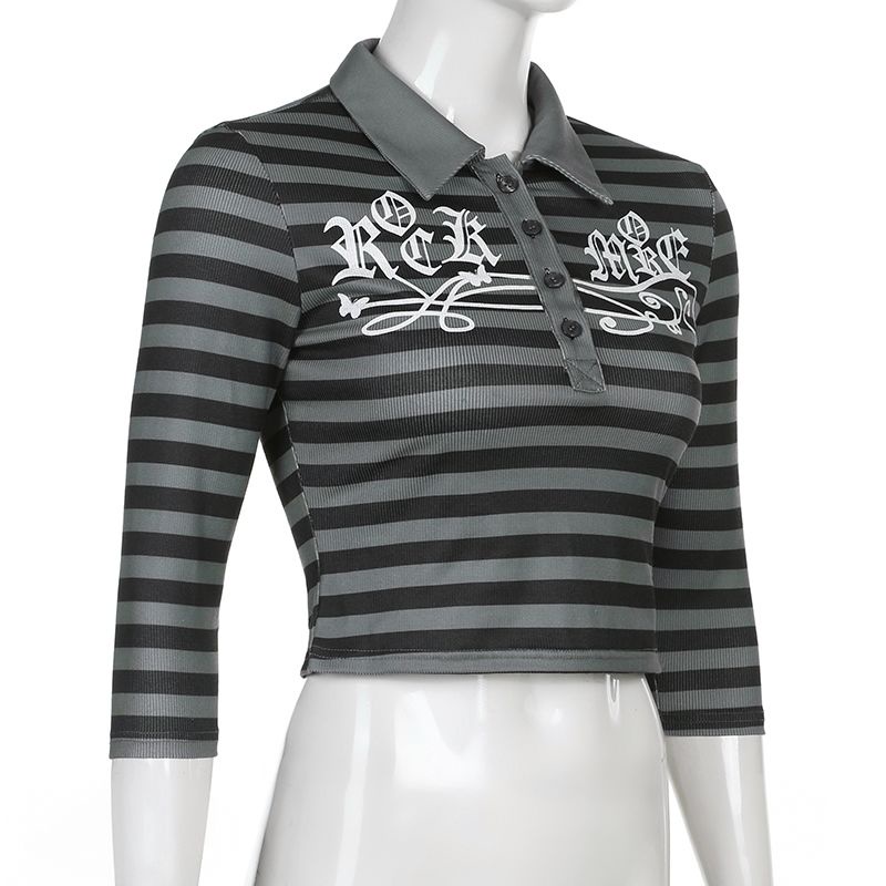 Dark punk striped lapel Buckle Street hot girls mid-long sleeve T-shirt slim thread short slimming top summer qXco