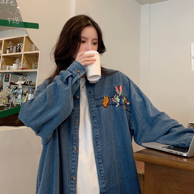 ZHELIHANGFEI Áo Sơ Mi Denim Họa Tiết Thêu Theo Phong Cách Retro Mỹ Dễ Phối Đồ