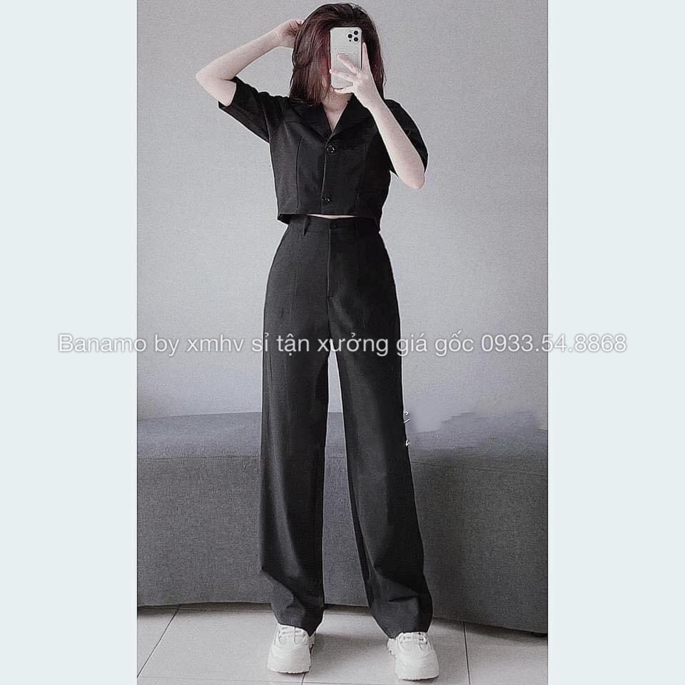 Quần ống rộng suông lưng cao khóa trước 1 khuy vải tuyết mưa thời trang Banamo Fashion 933