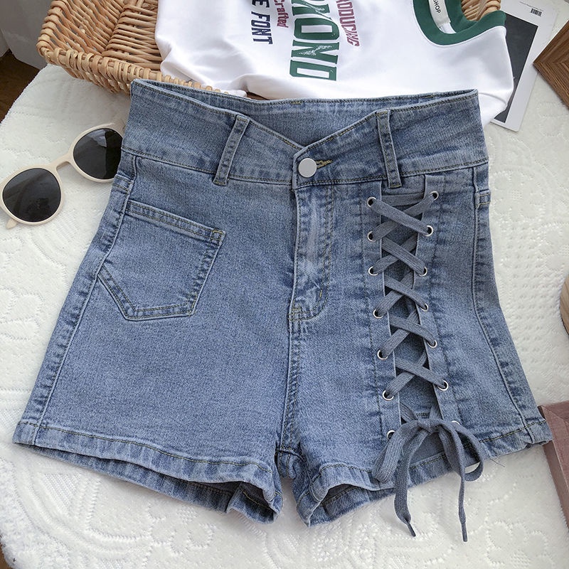 Tie cross-waist large-size denim wide-leg shorts women's 2022 summer dress Korean version show thin A hot pants trend
