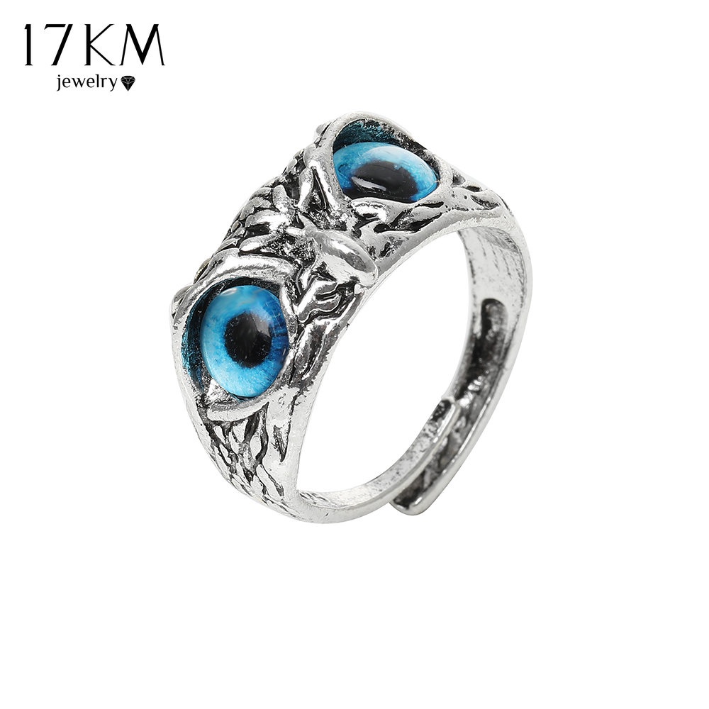 Nhẫn 17KM hình chim cú mắt màu lam vintage cho nam nữ