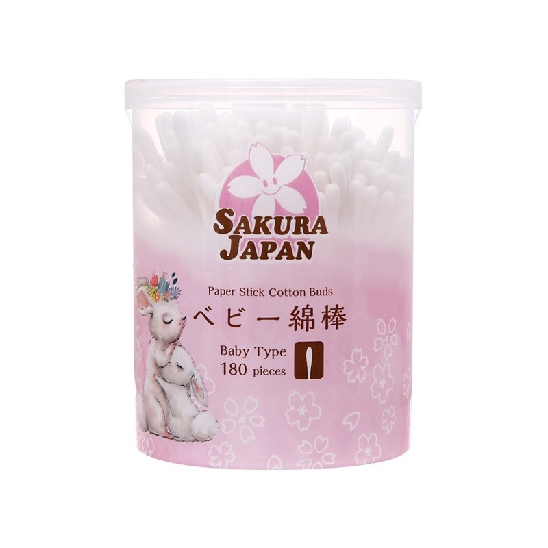 Tăm bông kháng khuẩn thân giấy Sakura baby (Tiêu chuẩn Nhật Bản) cho em bé / trẻ em 2 đầu tròn TB02 - Hộp 180 que