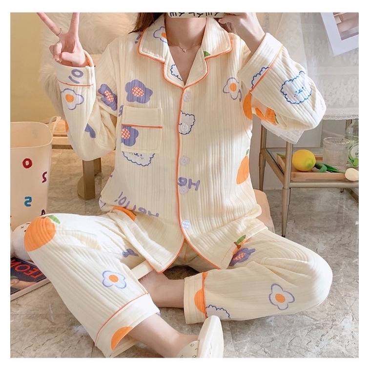 Bộ Pyjama Cotton Nỉ Dày Siêu Ấm Nữ Bầu Bí Thời Trang Đồ Ngủ Bạn Gái Cute Năng Động Dài Tay Quần Áo Mùa Đông Mã XĐN02 | BigBuy360 - bigbuy360.vn