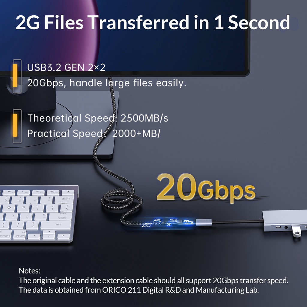 Dây Cáp ORCIO USB-C3.2 20Gbps Nối Dài Tốc Độ Cao 100W 20V / 5A