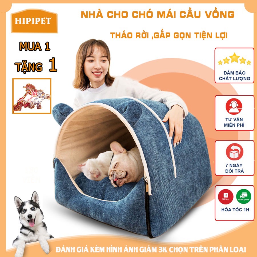 Nhà cho chó mèo Hipipet gấp gọn tháo rời giặt giũ dễ dàng vải chenille xịn 3 màu sắc ,3 kích cỡ-PKCM01