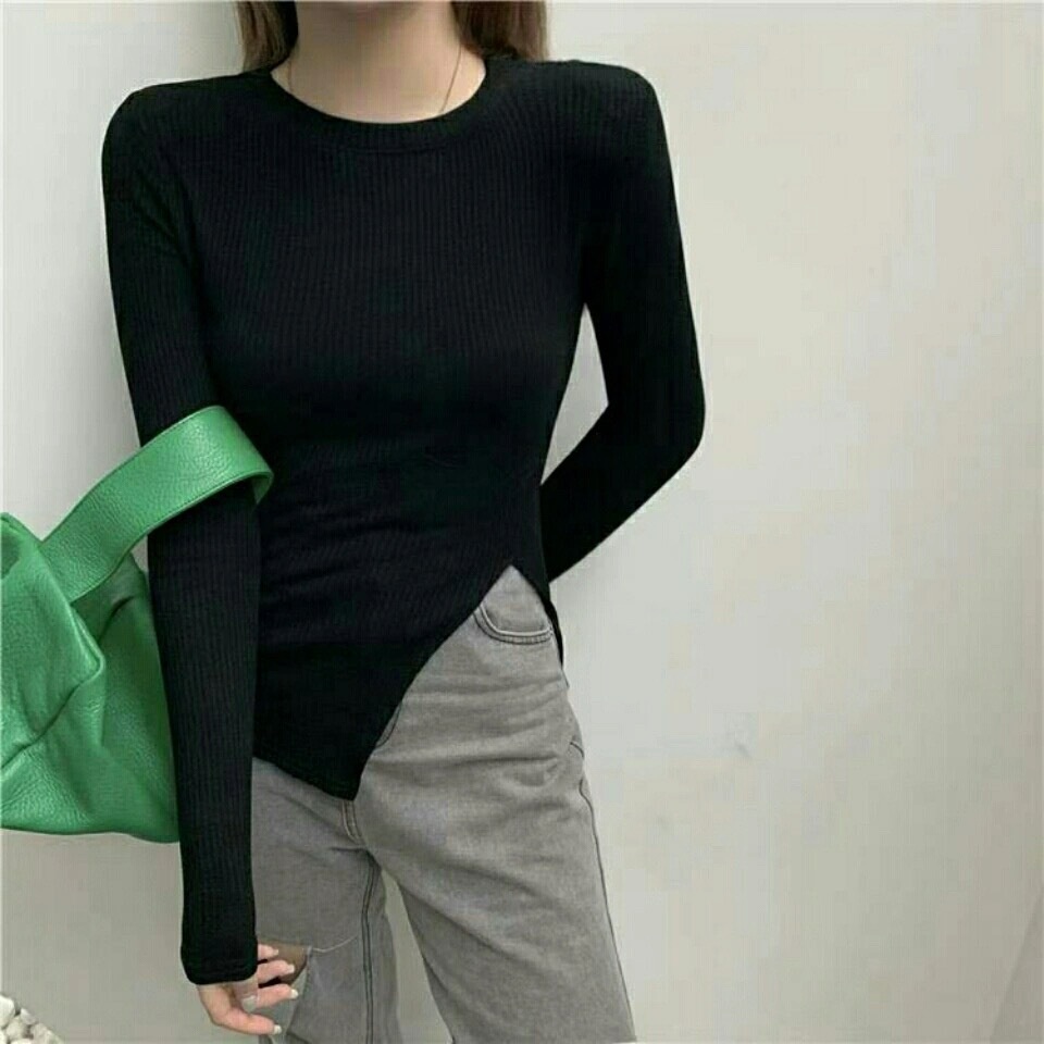 Áo len tăm nữ xẻ vạt, ao thun nữ vạt lệch, áo thu đông xẻ tà lệch dáng ôm.