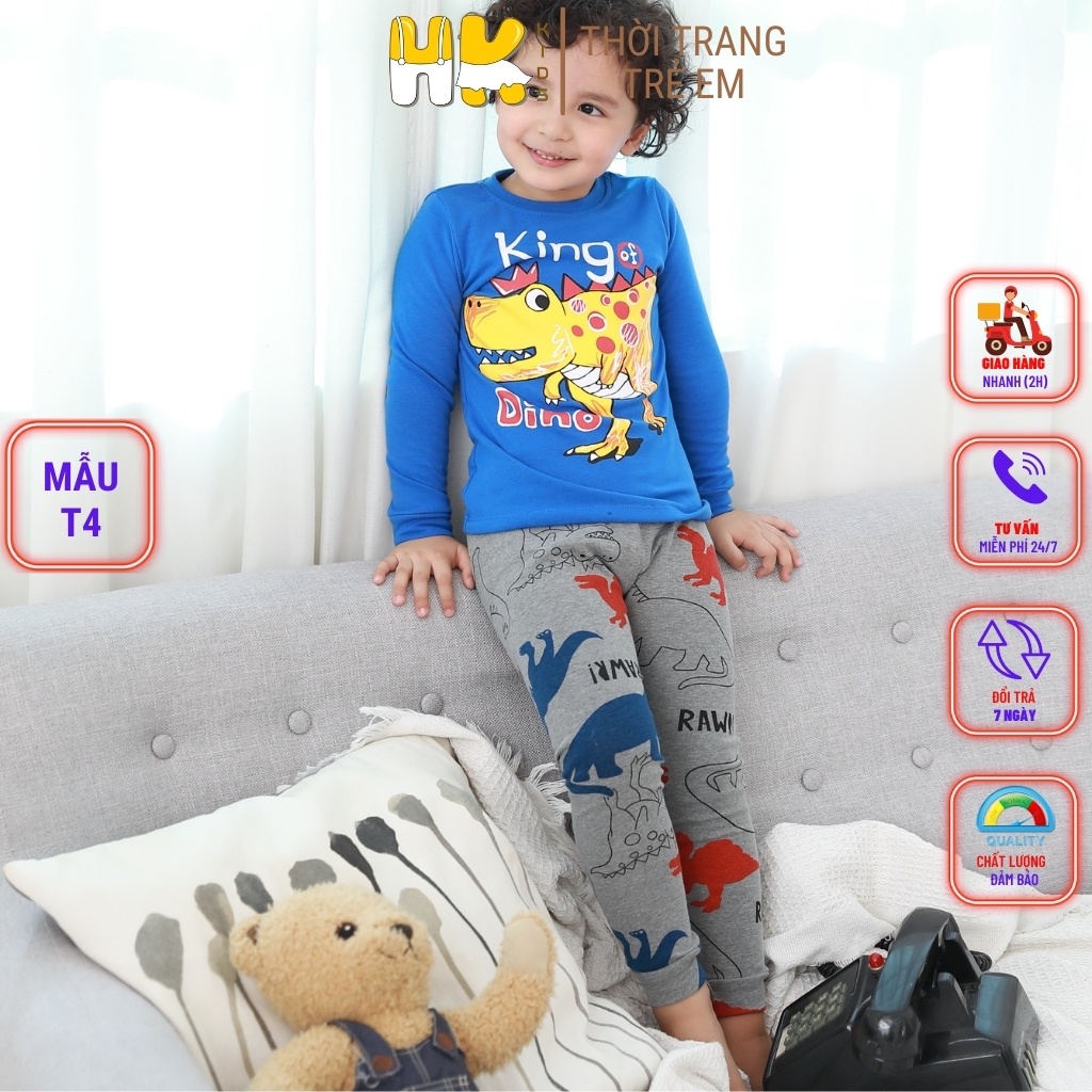 Bộ dài tay cho bé trai HK KIDS, chất COTTON dày dặn co giãn, giữ ấm giữ nhiệt tốt cho bé từ 2 đến 10 tuổi