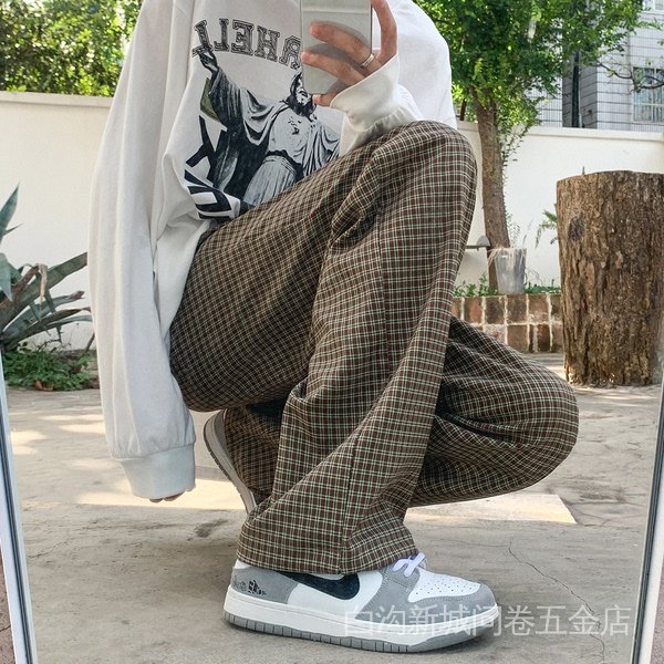 American-style oversize pants high street ins fashionable pendant straight chic retro plaid pants men's wide leg mop pants