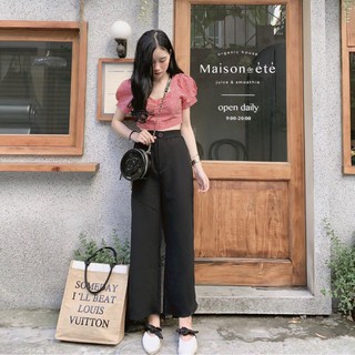 Set Đồ Nữ Quần Culottes Áo Croptop Kẻ Đỏ - Bộ Quần Dài Nữ Áo Ngắn Cộc Tay