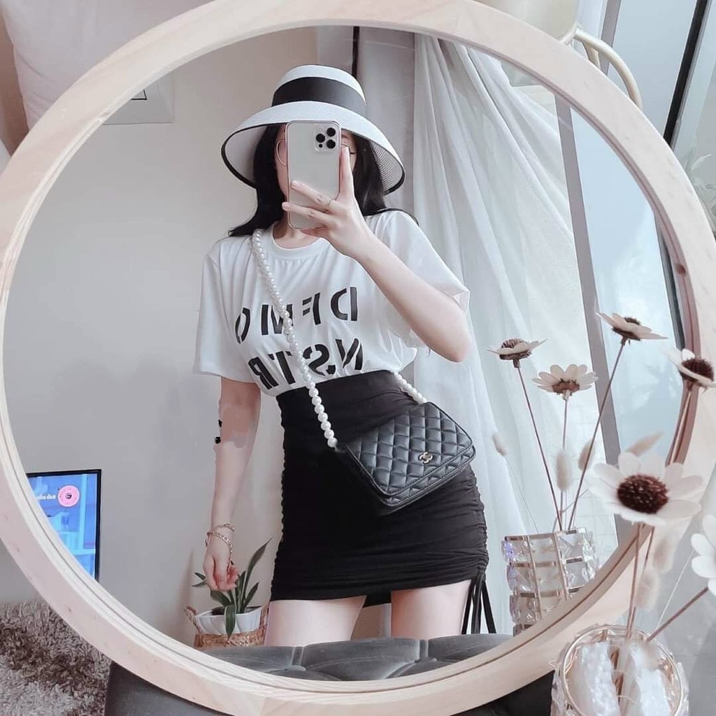 Set Bộ Áo Phông In Chữ Và Chân Váy Ôm Rút Dây Hai Bên Thời Trang Nữ Rose Fashion